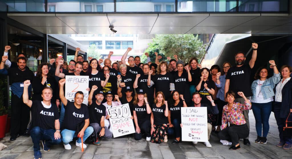 FIA representatives from around the world don ACTRA t-shirts in a show of solidarity with ACTRA’s small delegation attending FIA’s Executive Committee meeting.